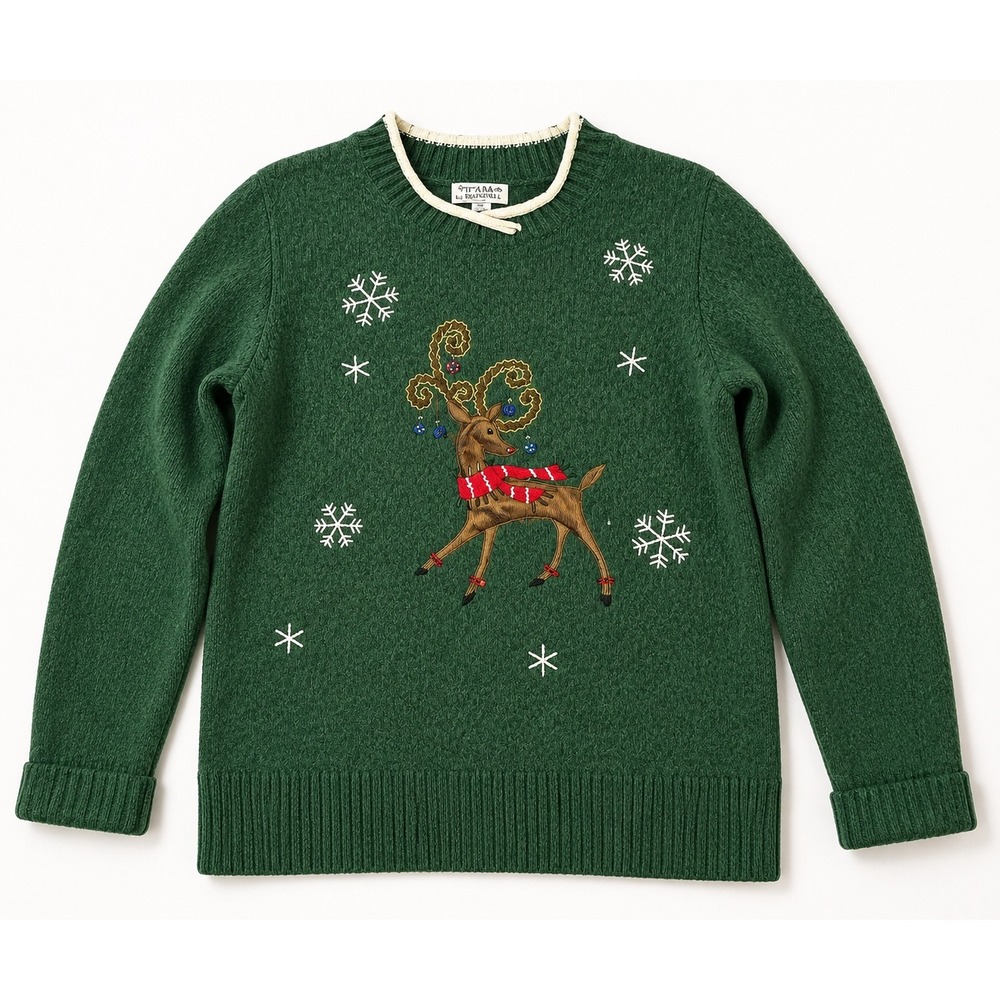 Vintage Christopher & Banks Women Christmas Reindeer Sweater M Green Embroidered